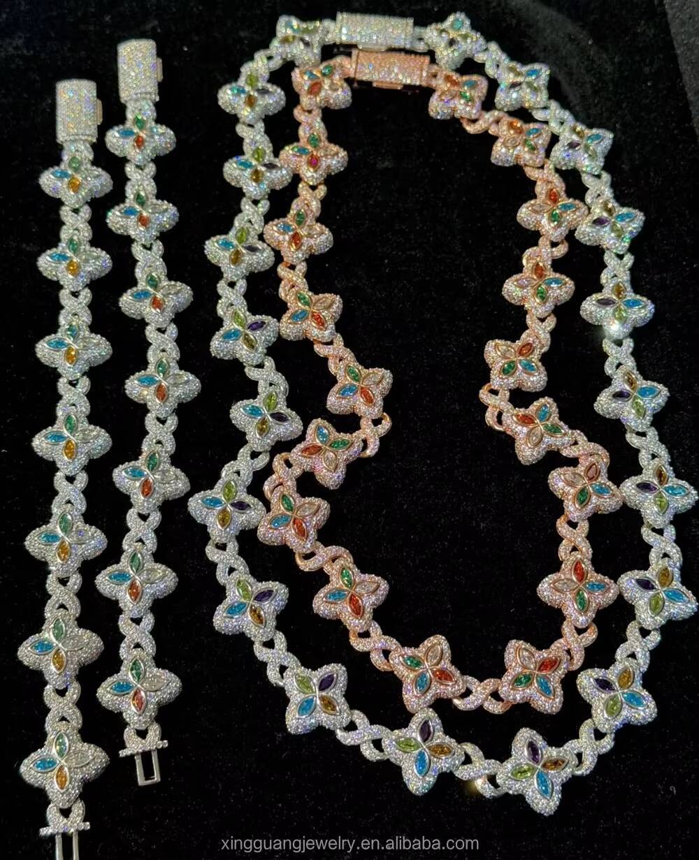 Fashion Fancy Colors Marquise Cut Moissanite Clover Charms Infinity Cuban Links 925 Sterling Silver Cuban Link Chain Jewelry