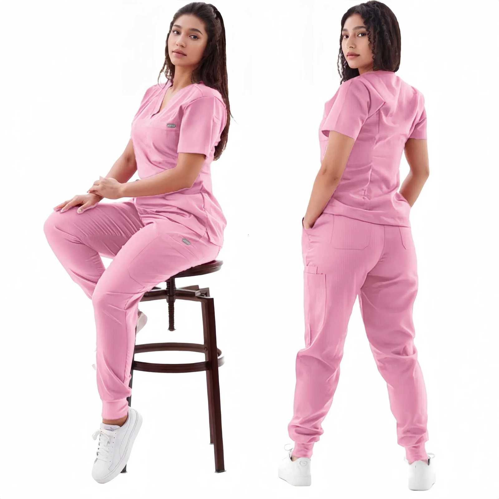 Multicolour Jogger Suit Nurse Scrubs Set Medical Clinical Clothes Doctor Nursing Uniforms Short Sleeve V-neck Tops Pocket Pants Z250718