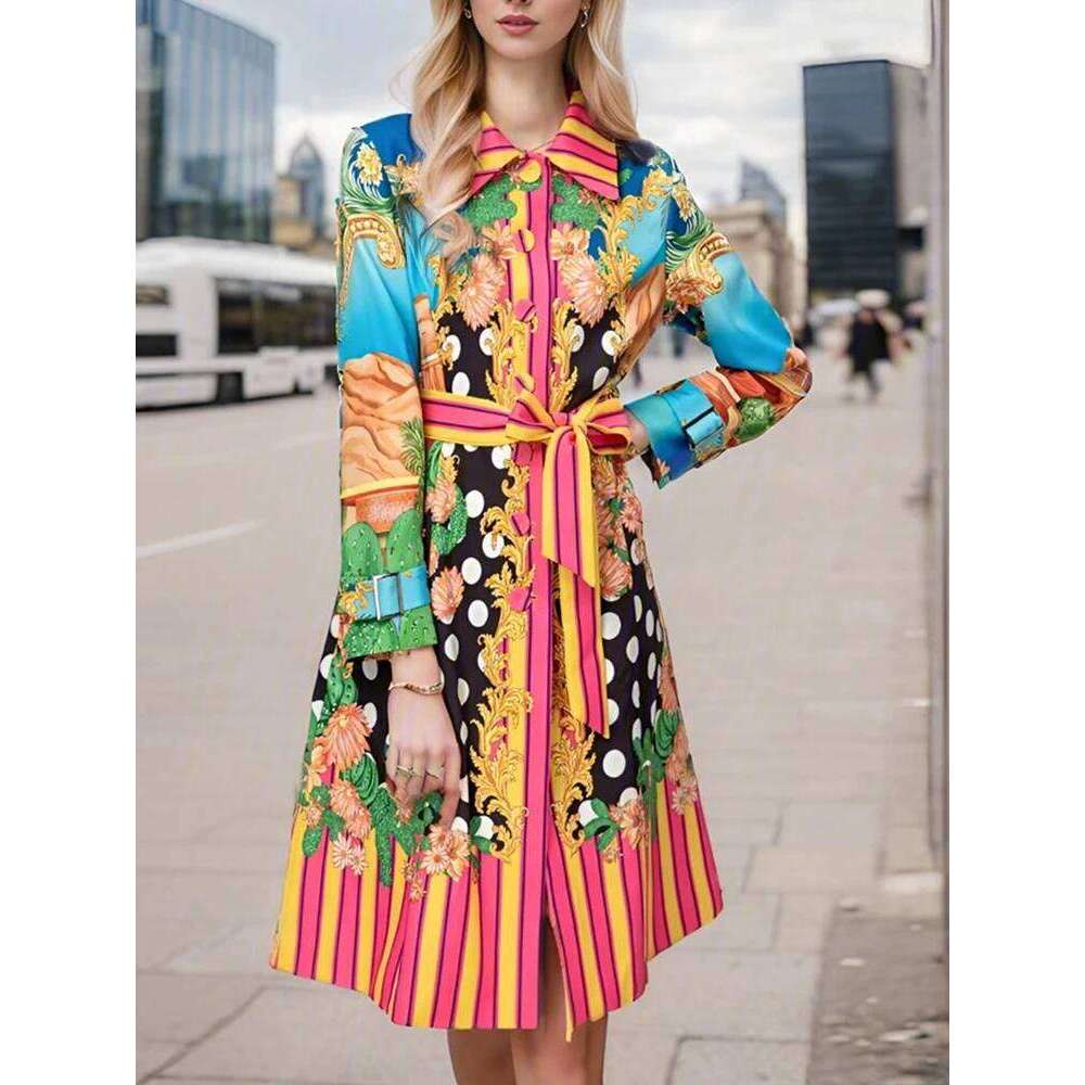 Retro Autumn New Printed Lapel Single-Breasted Long-Sleeved Lace-Up Trench Temperament Fashion Joker Ladies Coat Dress.