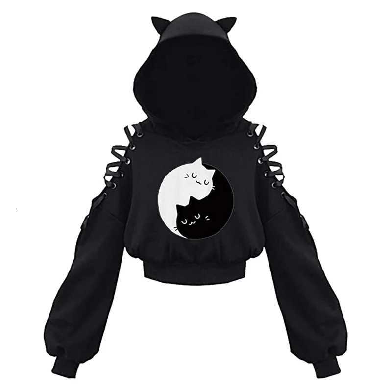 2K Gothic Womens Hoodie Cat Ear Crop Top Hooded Sweatshirt Hollow Out Lace Up Long Sleeve Hooded Casual Pullover Autumn XJ250717