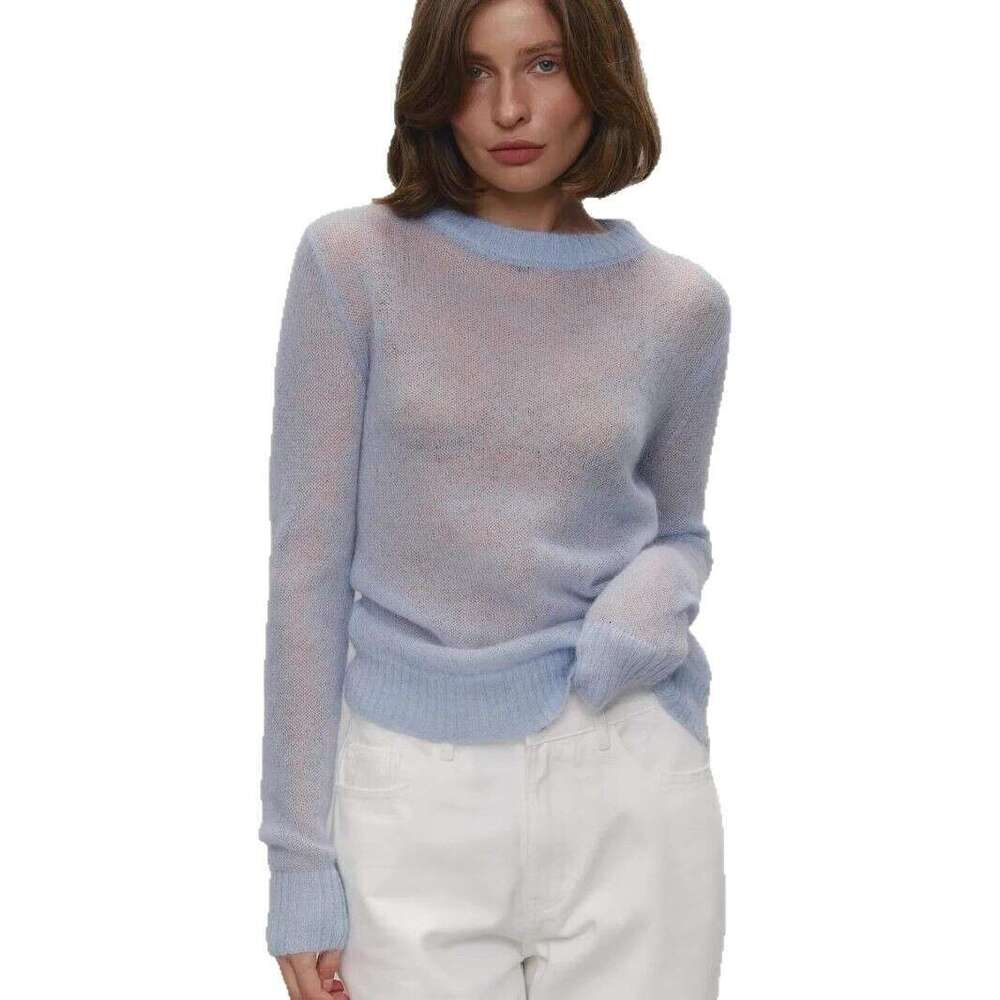 Spring Summer New Thin Sweater Cover-Up Women Round Neck Style Transparent Basic Knitwear Candy Color B5