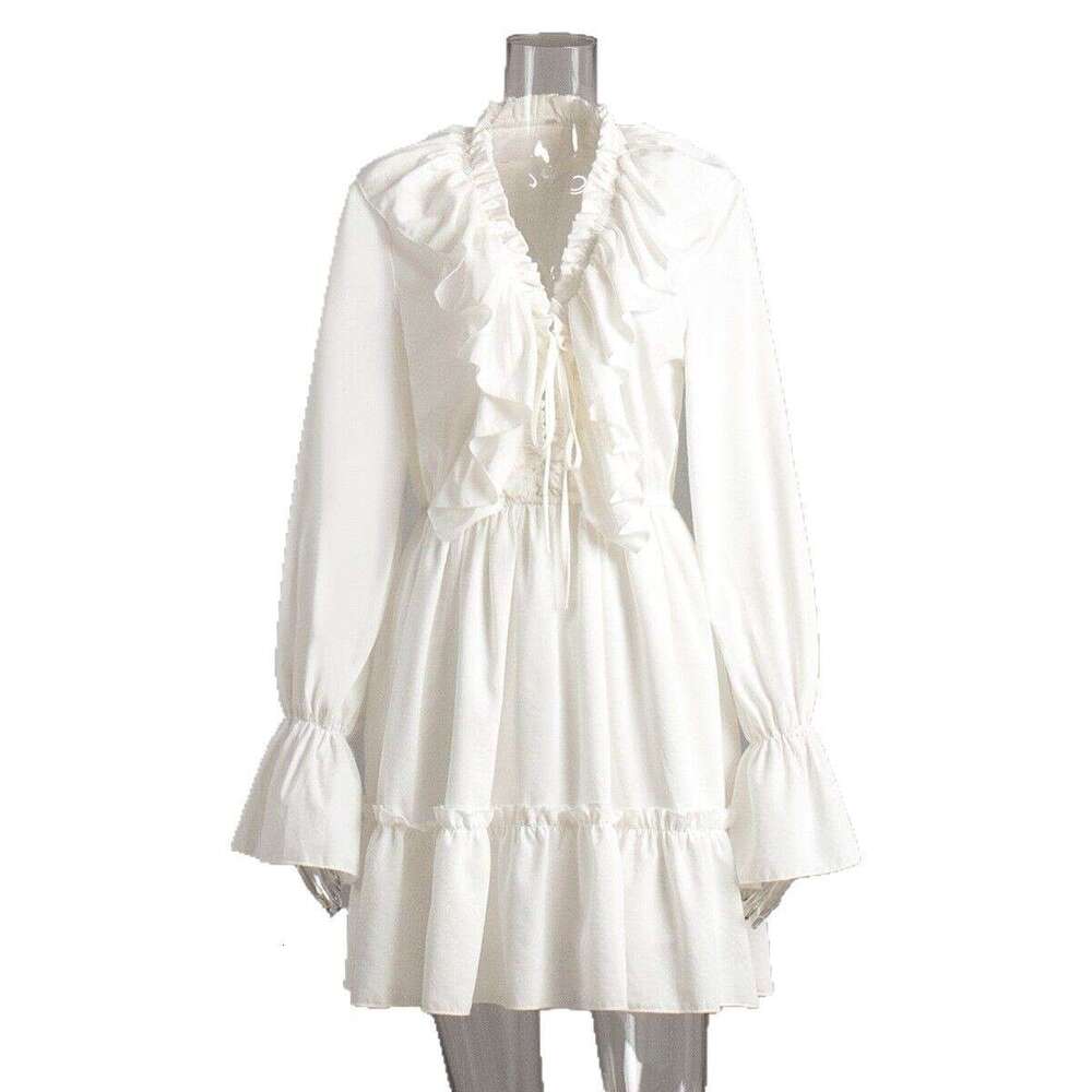 V-Neck For Women Spring Summer New Bell Sleeve Short Chiffon Dress B5