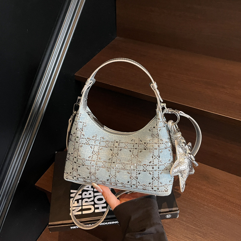 Summer new women's shoulder bag, new Korean casual denim shoulder bag, fashionable rhinestone handbag, fashionable underarm bag, new designer bag