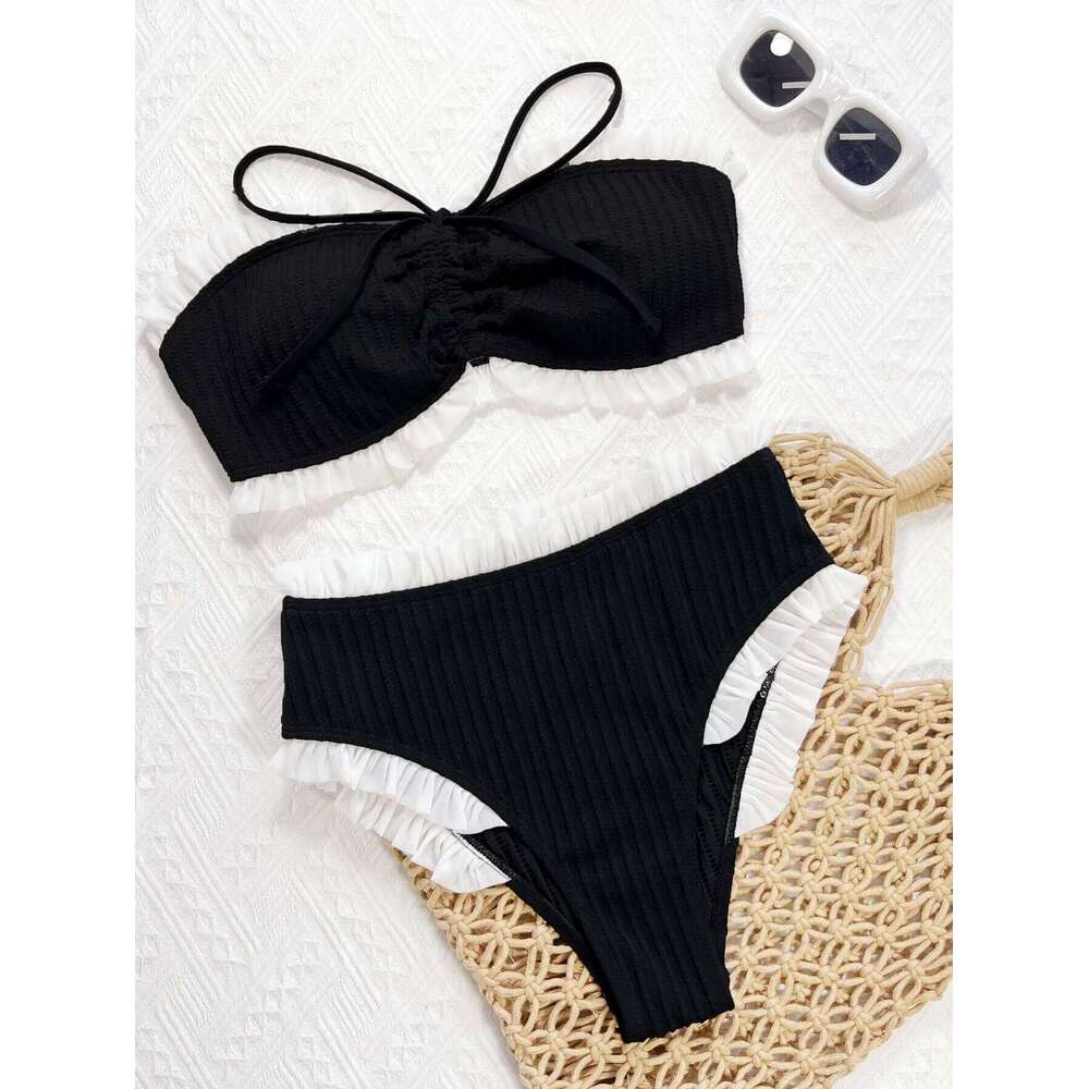 Frilled Ruffle Wrinkled Bandeau Bikini Set White Black Contrast Color Women Swimwear Female Swimsuit Bather Bathing Suit Biquini