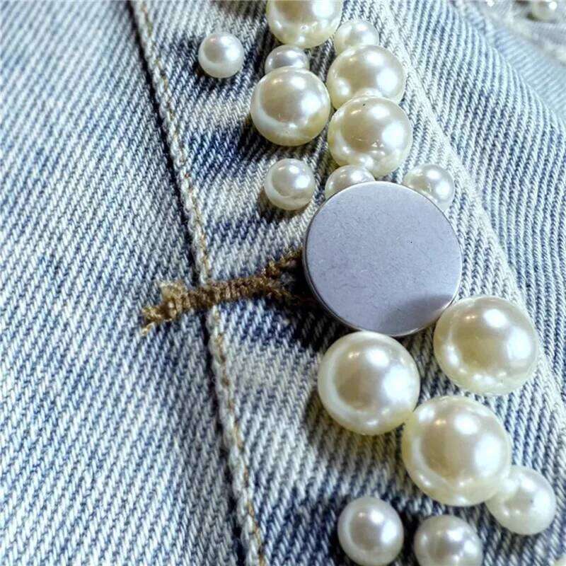 Autumn Women Vintage Light Blue Short Denim Pearl Beading Frayed Burrs Pocket Long Sleeve Jeans Jacket Coat Streetwear
