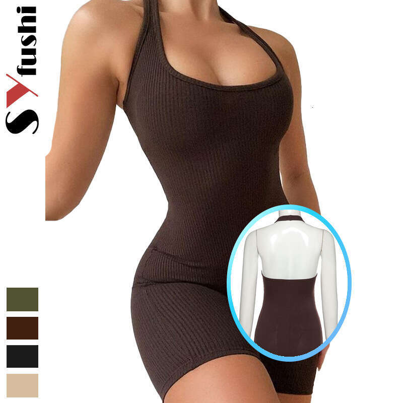 Fashion Summer Women's Solid Color Hollow Out Halter Sexy Slim Fit Backless One-Piece Sports Shorts B5