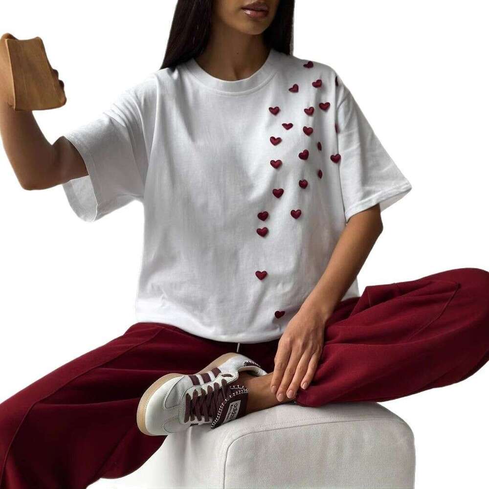 Women's Spring Summer New Trendy Brand Printed Casual Short Sleeve Fashion 3D Heart Sticker Round Neck Versatile Solid Color T-Shirt Ins B5