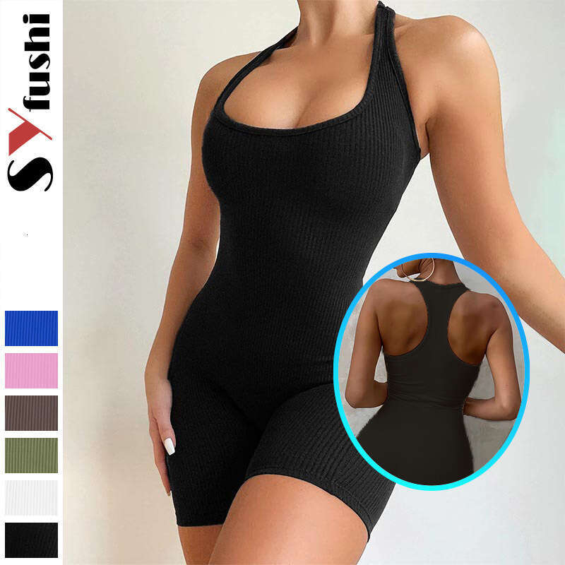 Fashion Summer Women's U-Neck Sexy Solid Color Tight-Fitting Sports Jumpsuit Yoga Pants Short B5