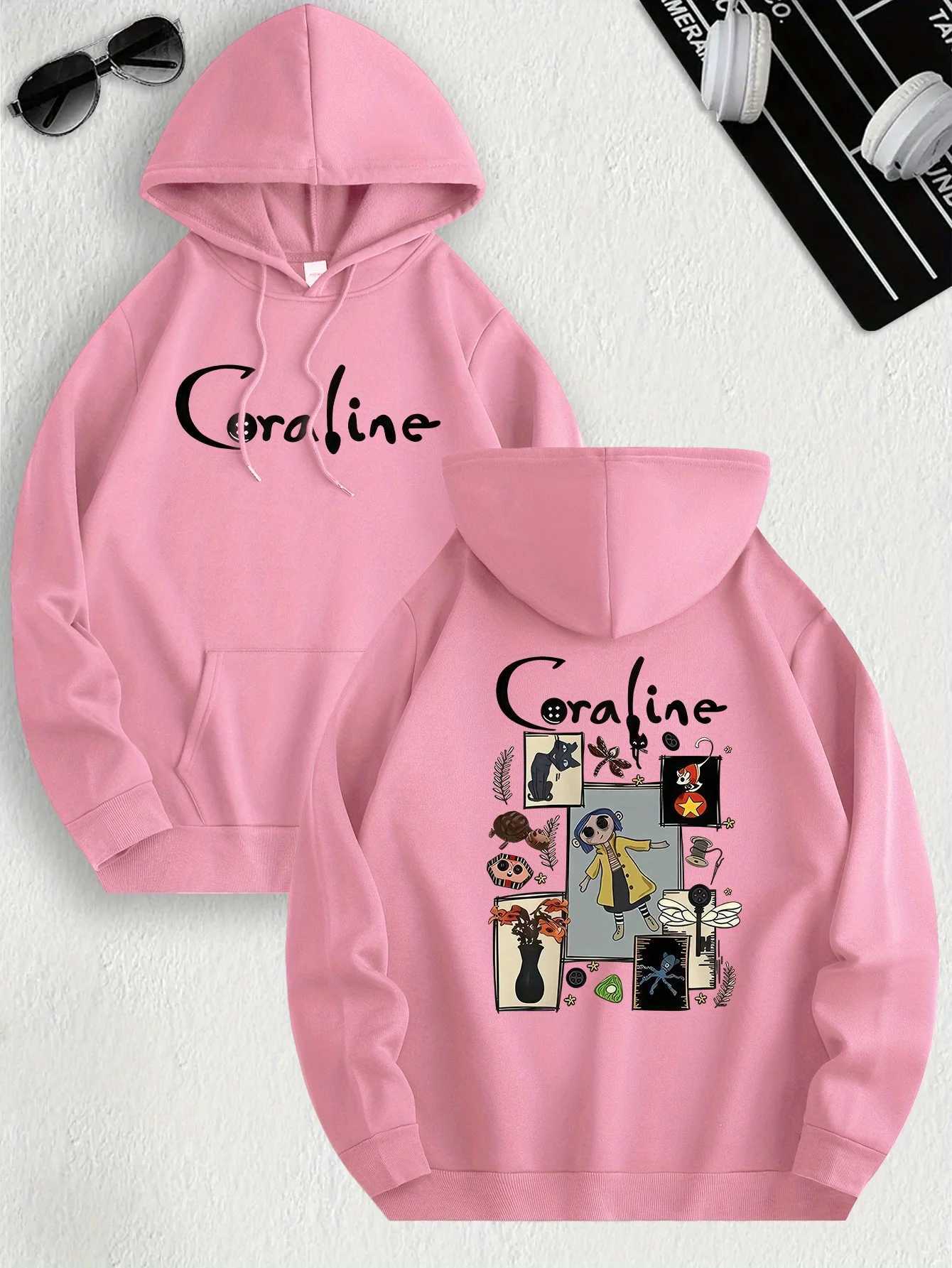 Coraline Inspired Casual Hoodie for Women Polyester Knit Fabric Long Sleeve Regular Fit Hooded Pullover with Slight Stretch XJ250717