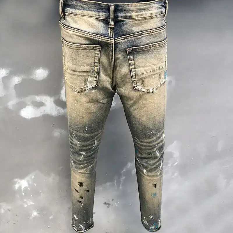 Old Wash Water Stretch Jean Skinny Tapered Trouser New Retro Splash Ink Jean Hombre Patch Biker Streetwear Ripped Denim Pants X250718