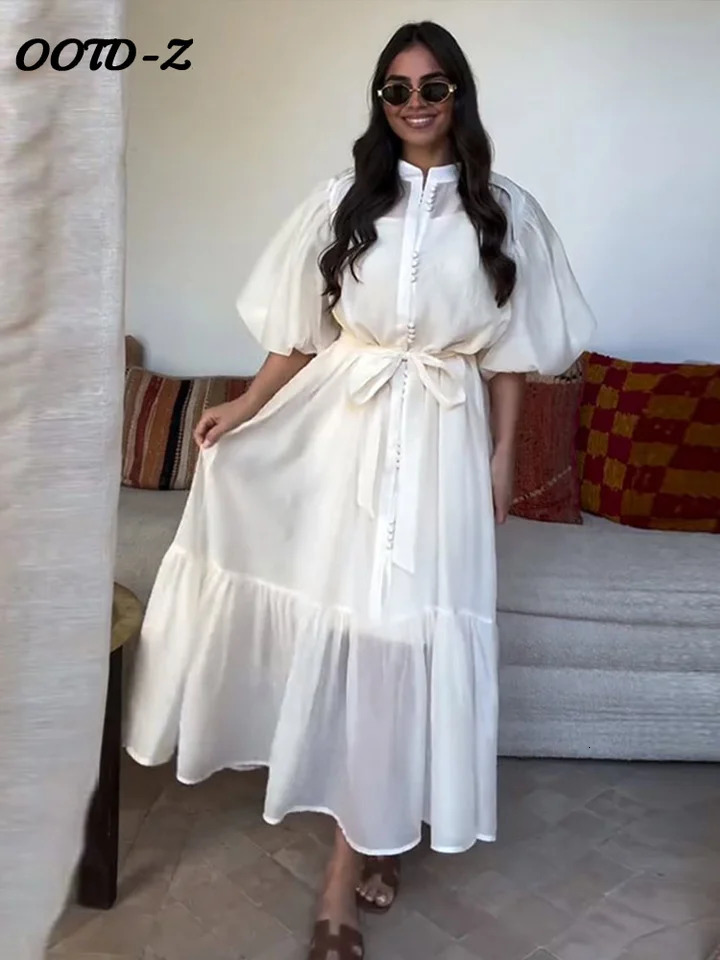 Elegant Lace Up Solid Women Dresses Party Ruffles Puff Sleeve Single Breasted Female Dress 2025 Summer Lady Maxi Vestidos 250715