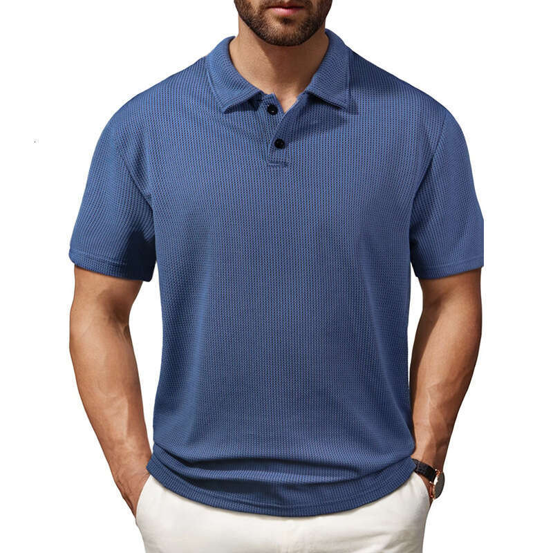 Summer New Polo Shirt Short Sleeve Top Fine Striped Turn-Down Collar T-Shirt European Size Men's Clothing B5