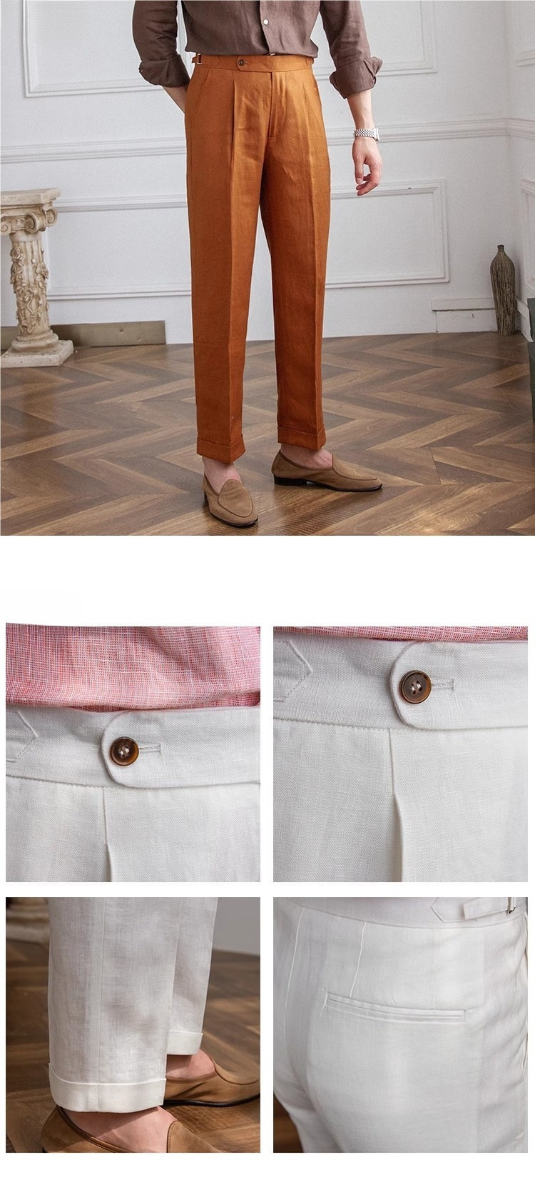 Spring Autumn Men 100% Linen Italian Naples High Waist Straight Suit Trousers Fashion Lightweight Breathable Casual Pants