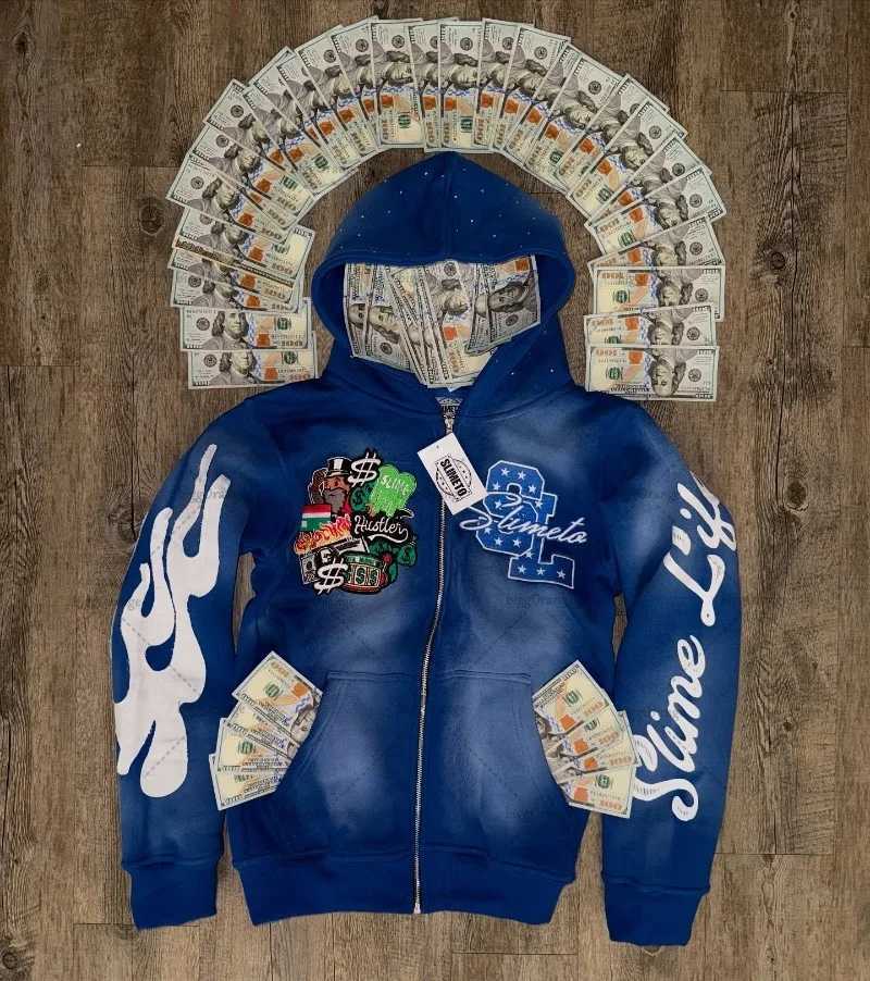 Hip-Hop Trendy Streetwear Jacket Men Harajuku Y2K Zipper Hoodie Gothic American Retro Letter Print Colorful Oversized Sweatshirt X250718