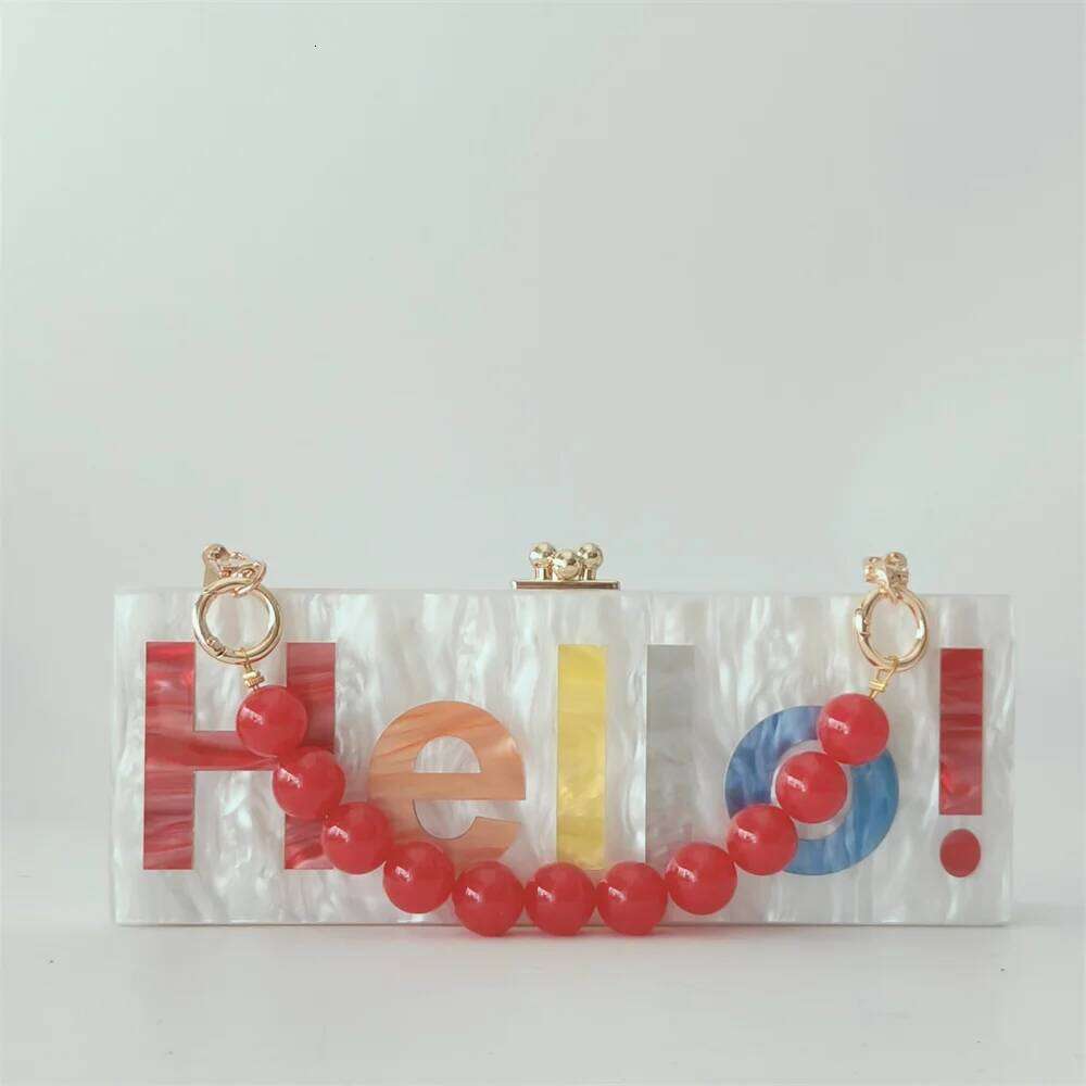 Pearl White Name Letter Hello Acrylic Bags Evening Wedding Clutch Long Purse Women Fashion Party Shoulder Bag