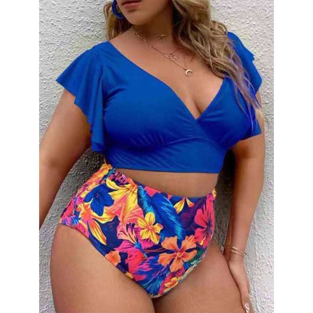 Plus Ruffle Sleeves High Waist Bikini Women's V Neck Push Up Large Swimsuit 2025 Mujer Big Size Tummy Control Swimwear