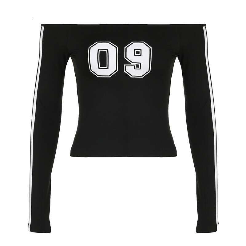 Autumn Sweet Cool Digital Print Off-Shoulder Striped Long Sleeve Short Slim Street Sexy Crop Top B5