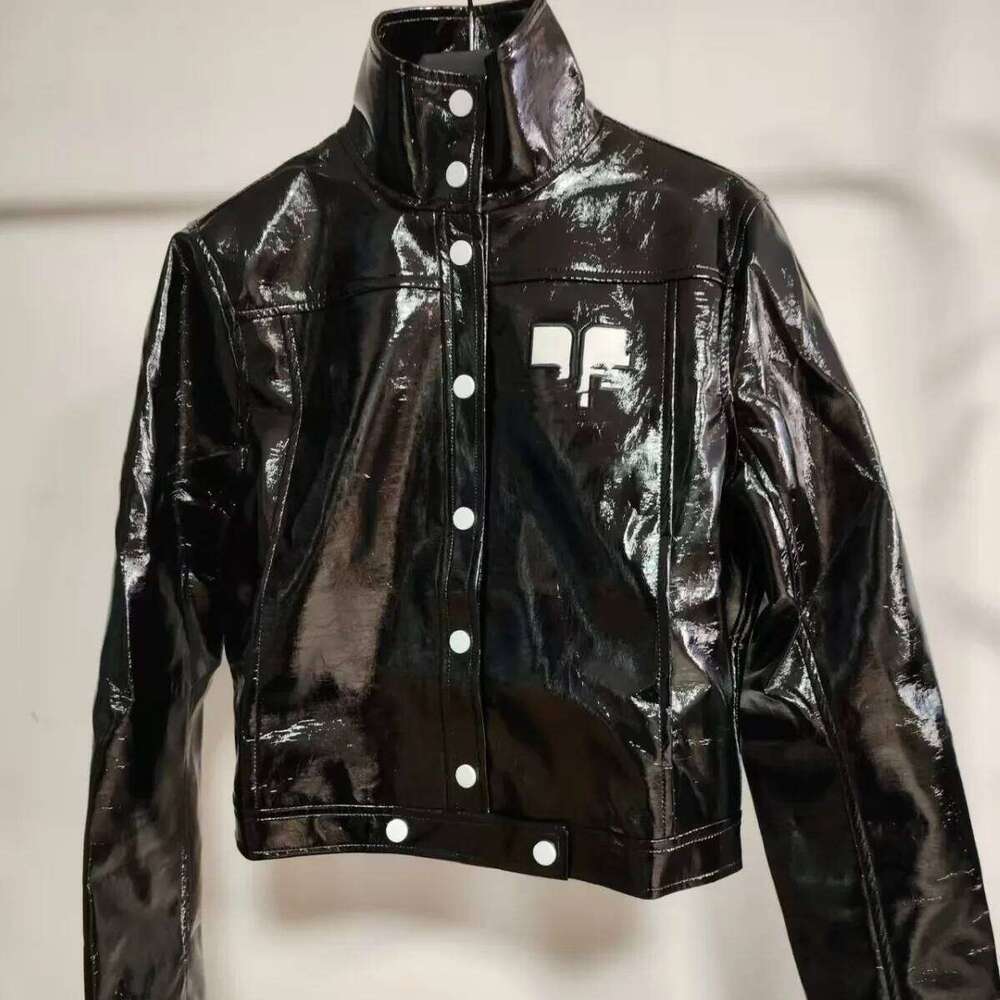 Trendy French Classic Emed PU Texture Shiny Leather Coat Moto Short Jacket Flip Collar Outerwear