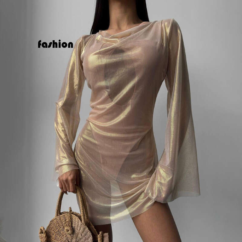 Autumn New Style Mesh Gold Stamping Fashionable Elegant Sheer Flared Long Sleeve Sexy Dress B5 g7
