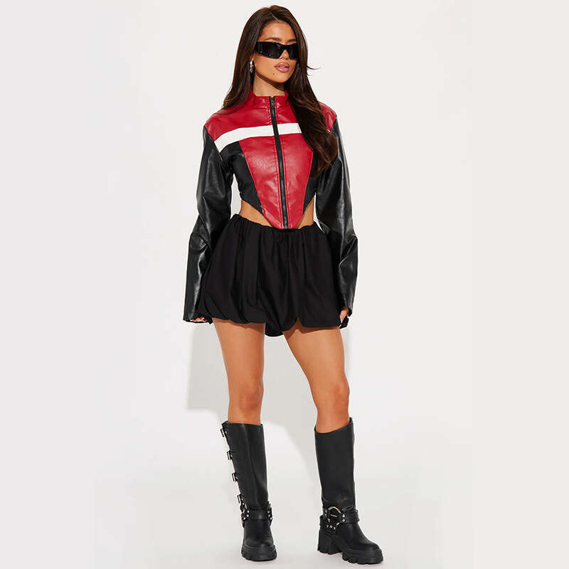 Color-Block Motorcycle Style Short Cropped Long-Sleeve Leather Jacket Autumn New Fashion Hot Girl Zipper Top B5