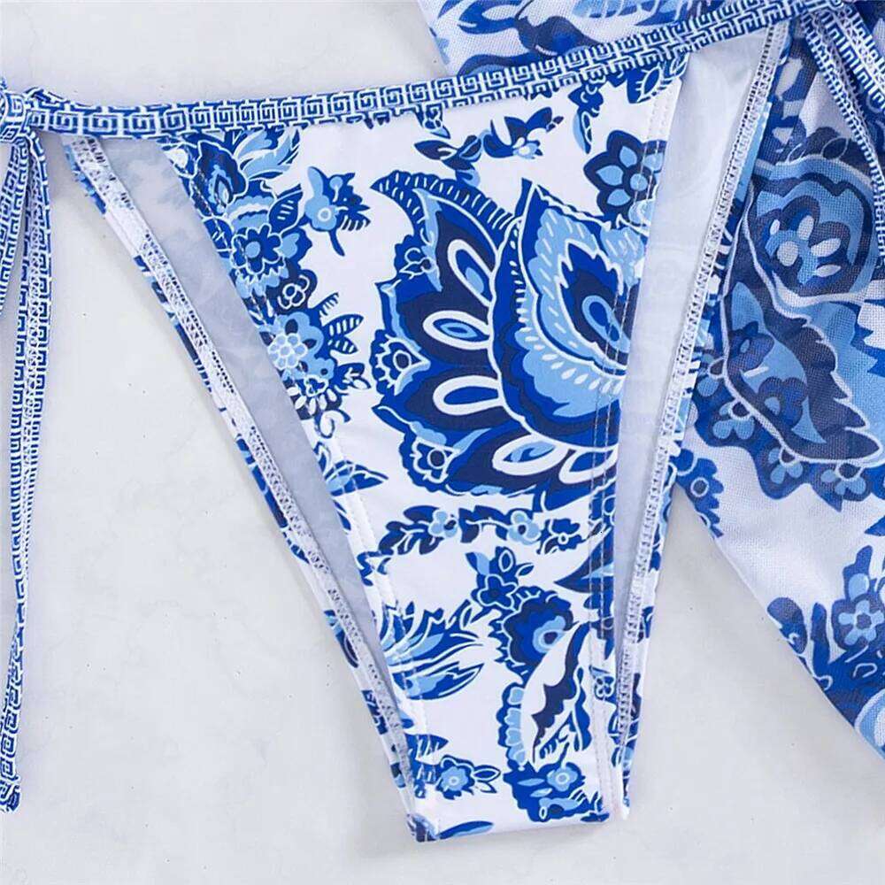 Vintage Blue Floral Print Swimwear Halter String Triangle 3 Piece Bikini Set Cover Ups Sexy Swimsuit Women 2025 Bikinis De Muejr