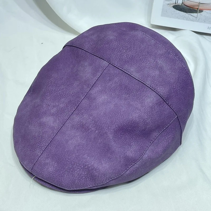 Japanese Retro PU Leather Literary Forward Hats for Men and Women Autumn Outing Casual Versatile Niche Purple Berets Cap 250712