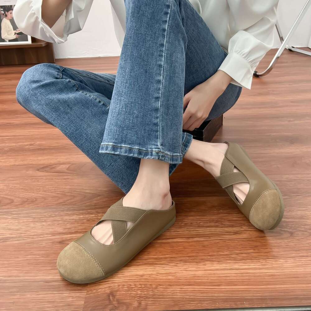 Su Yinyin Boken Women, Closed-Toe Half-Slip Mules, 2025 Korean Version Cross Strap Thick-Soled Casual Shoes for Women