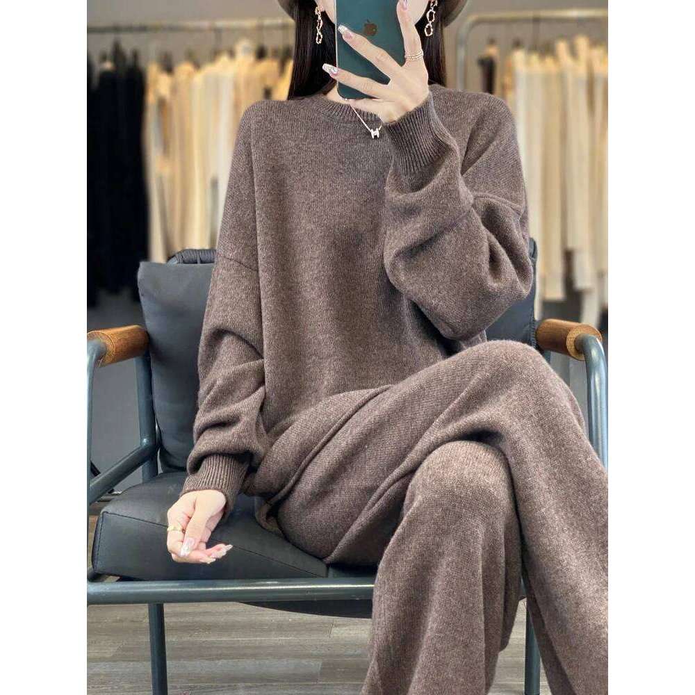 Women's Loose Suit Spring Fall Winter 100% Merino Wool O-Neck Pullover Sweater High Waist Straight Pants Knitting Two Piece Set MDNG