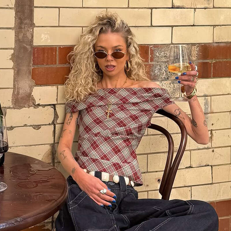 Red Plaid Asymmetrical Neckline Off-Shoulder Vest Summer Sexy Backless Short Sleeveless Outerwear Top B5 g5