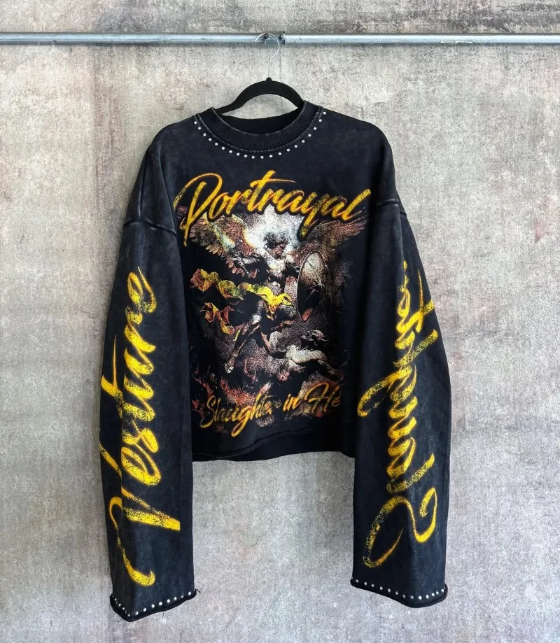 Trendy Hip-hop Rock Long-sleeved Tops Men Y2k Harajuku Retro Anime Letter Print American Street Round Neck T-shirt Women 250717