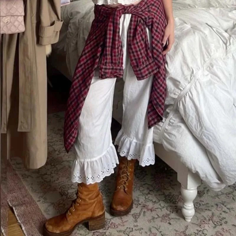 Cottage Fairy Wide Leg Pants Y2k Aesthetic 00s Retro High Waist CalfLength Vintage Lounge Loos Fit Ruffles Hem Trousers 250714