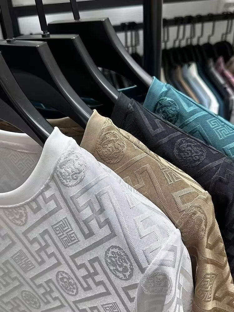Men's T Shirts High quality Fashion Printed Short Sleeve T-shirt Men Summer Ice Silk Plaid Round Neck Casual Breathable Top