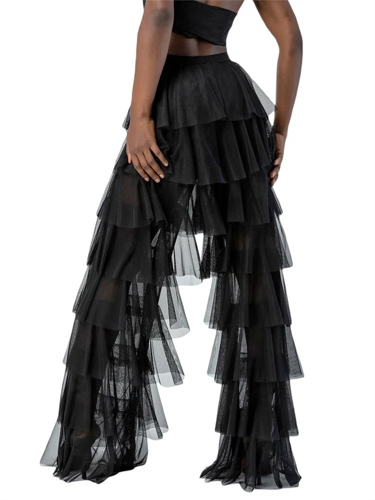 Women Wide Leg Pants High Waist Layered Tulle Loose Beach Long Trousers Streetwear 250714