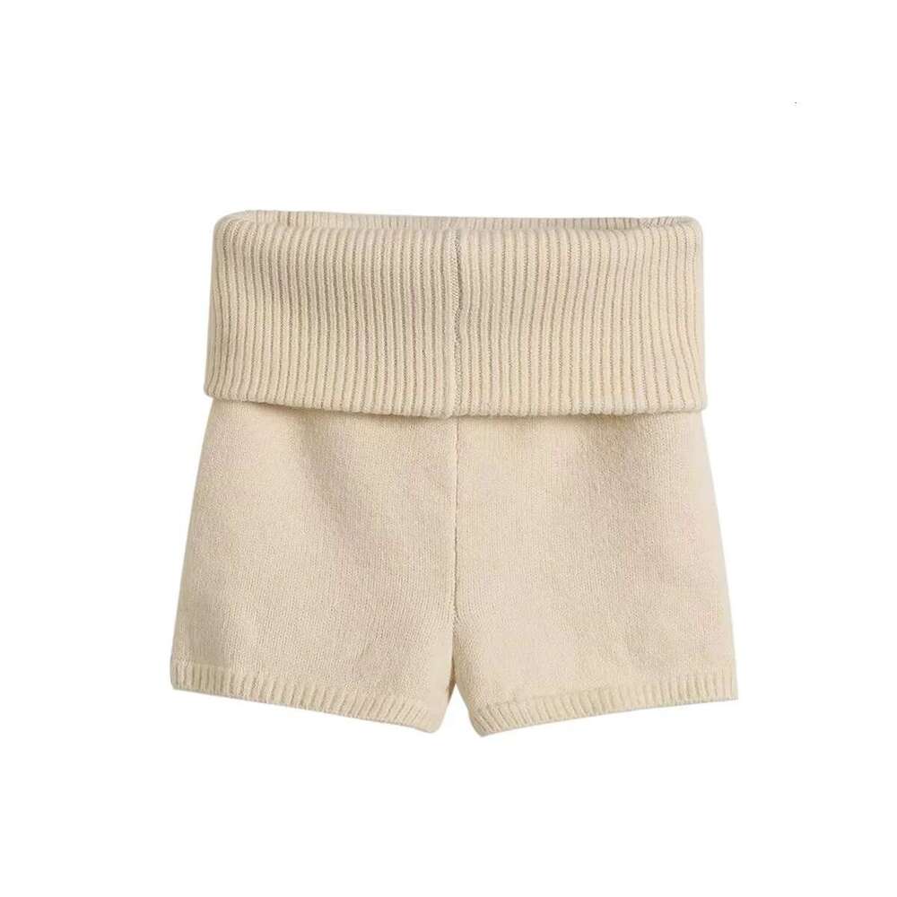 Spicy Girl Style Low Knitted Shorts Spring Autumn Sexy Hip-Hugging Double-Layer Turn-Over Waist Ribbed Slim Fit Tight Hot Three-Quarter Pants B5