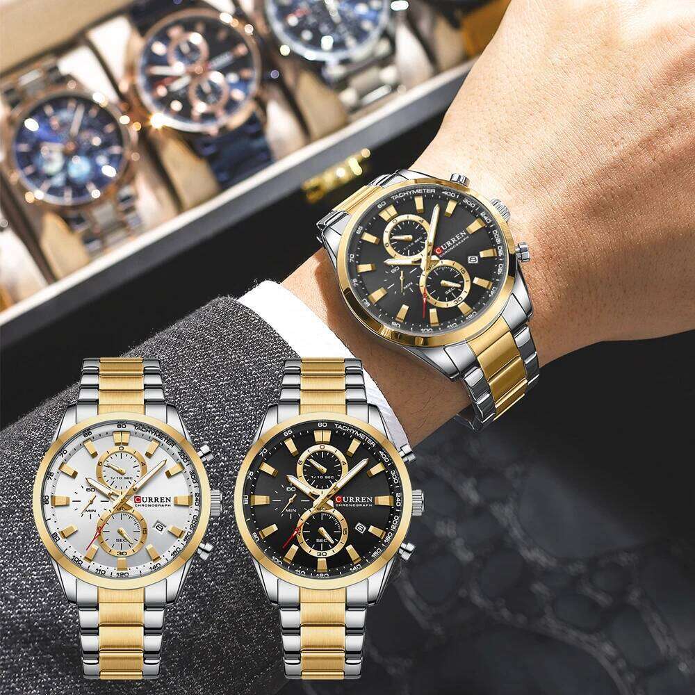 CURREN Casual Sporty Brand Stainless Steel Band Wristwatches for Men Chronograph Quartz Watches with Date New 8445 free shipping