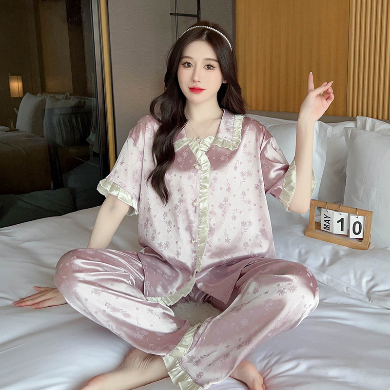 B976-Girls sweet summer short-sleeved ice silk pajamas thin suit color pit stripes taro purple loose shorts home
