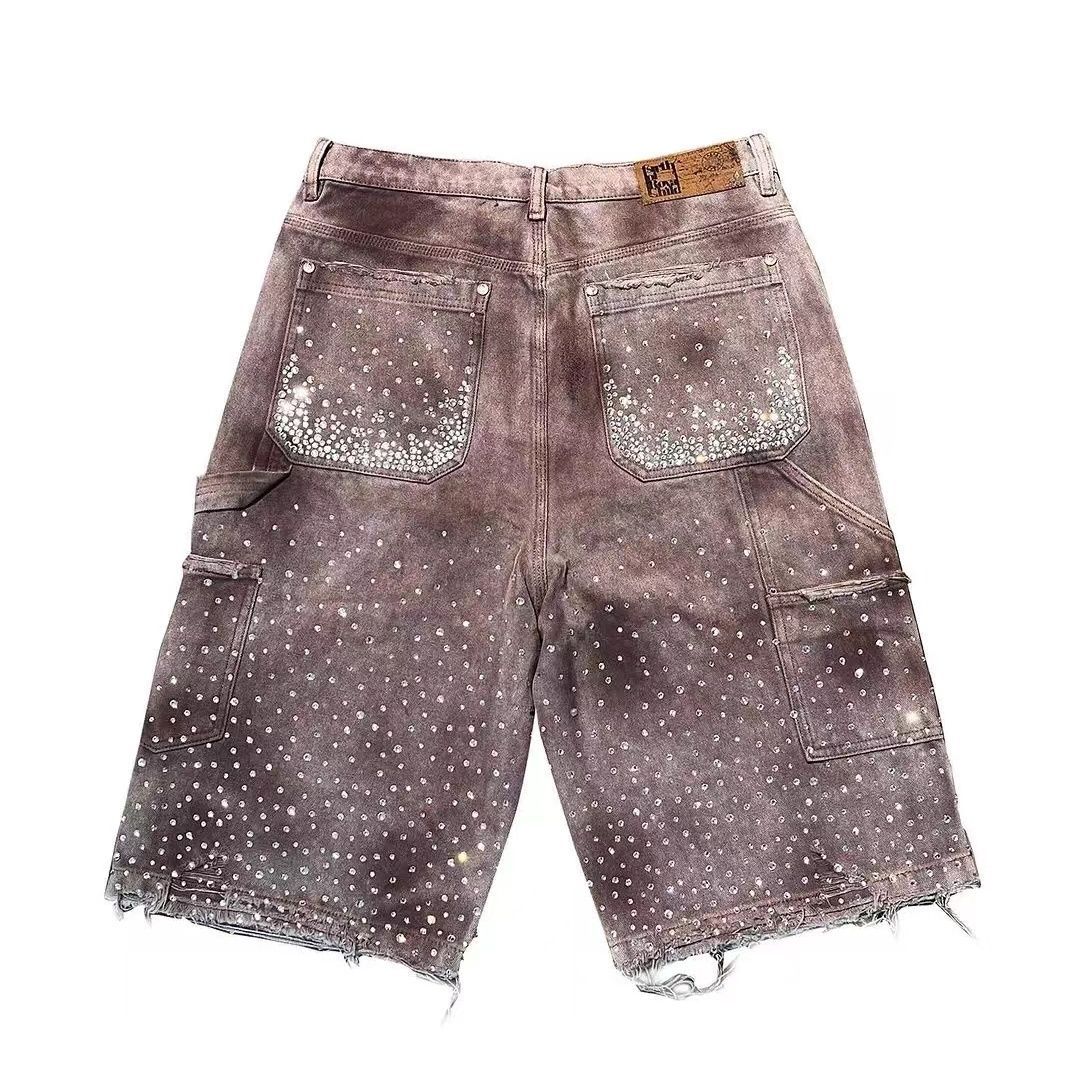 Men's Shorts Streetwear Couple Vintage Rhinestone Sequined Denim Cowboy Hip Hop Loose Sport Casual Summer