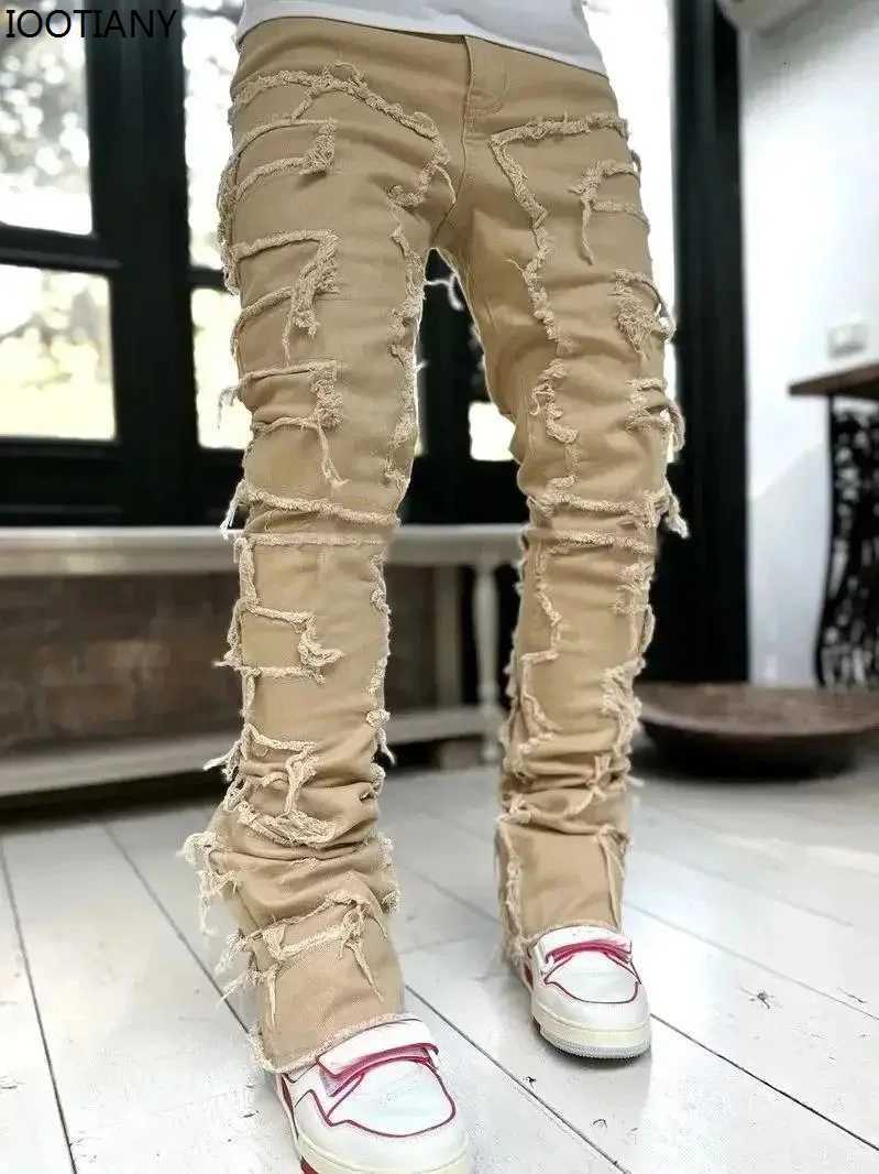 New Fashion Stretch Jeans Man Stacked Jeans Elastic Waist Straight Fit Patchwork Denim Long Pants Fringe Ripped Jeans For Men X250718