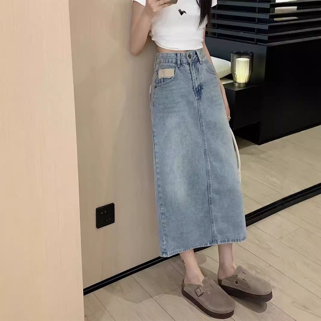 New Summer High Waist A-Line Denim for Women Plus Size Slimming Mid-Length Slit Bodycon Skirt