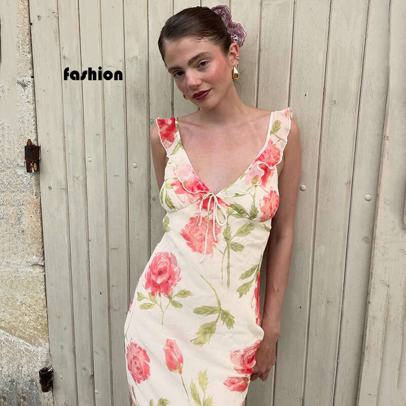French Vacation Style Floral Print Mesh V-Neck Sexy Summer Strap Slim Long Dress B5 g7