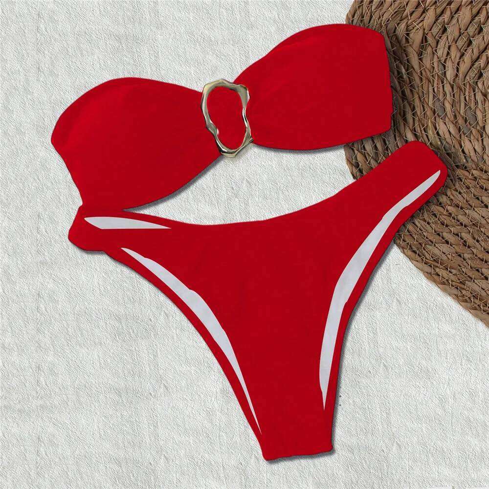 Black Bandeau Bikinis Sets Micro Thong Metal Ring Sexy Swimsuit Women 2025 New Back Knotted Swimwear Bathing Suit Bikini Damen