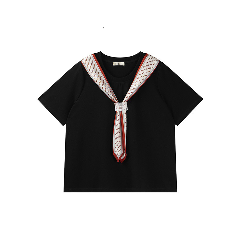 Shuangtian Plus Size Women's Clothing 2025 Summer New Fashion Tie Patchwork Round Neck T-Shirt 8980