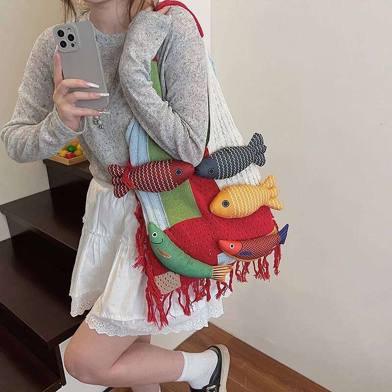 Cute Little Fish Relaxed Knitted Summer New Commuter Versatile Shoulder Contrasting Cut Out Tote Bag