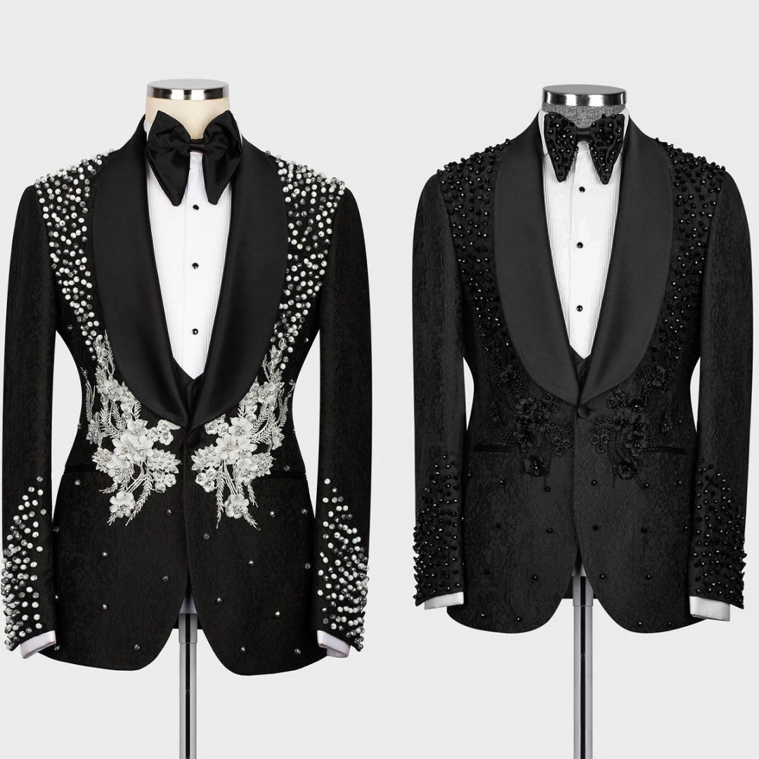 Unique 2 Pieces Customized Men Suits Handmade Flowers Crystal Beadeds Jacket Sets Slim Fit Homme Evening Party Wear