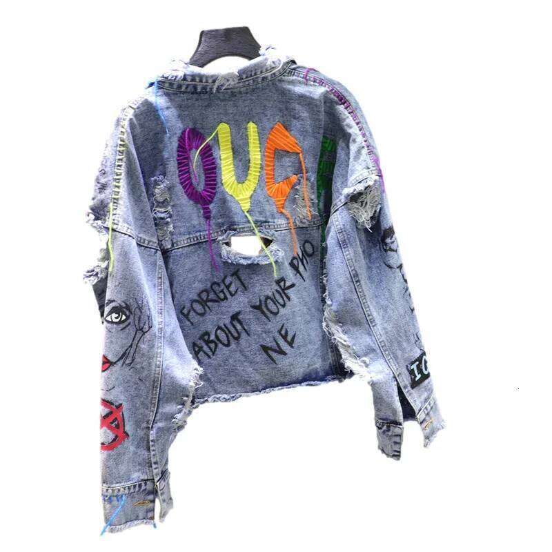 Fashion Rivet Beading Tassel Letter Graffiti Denim Women Loose Short Outerwear Holes Long Sleeve Jeans Jacket Coat Female