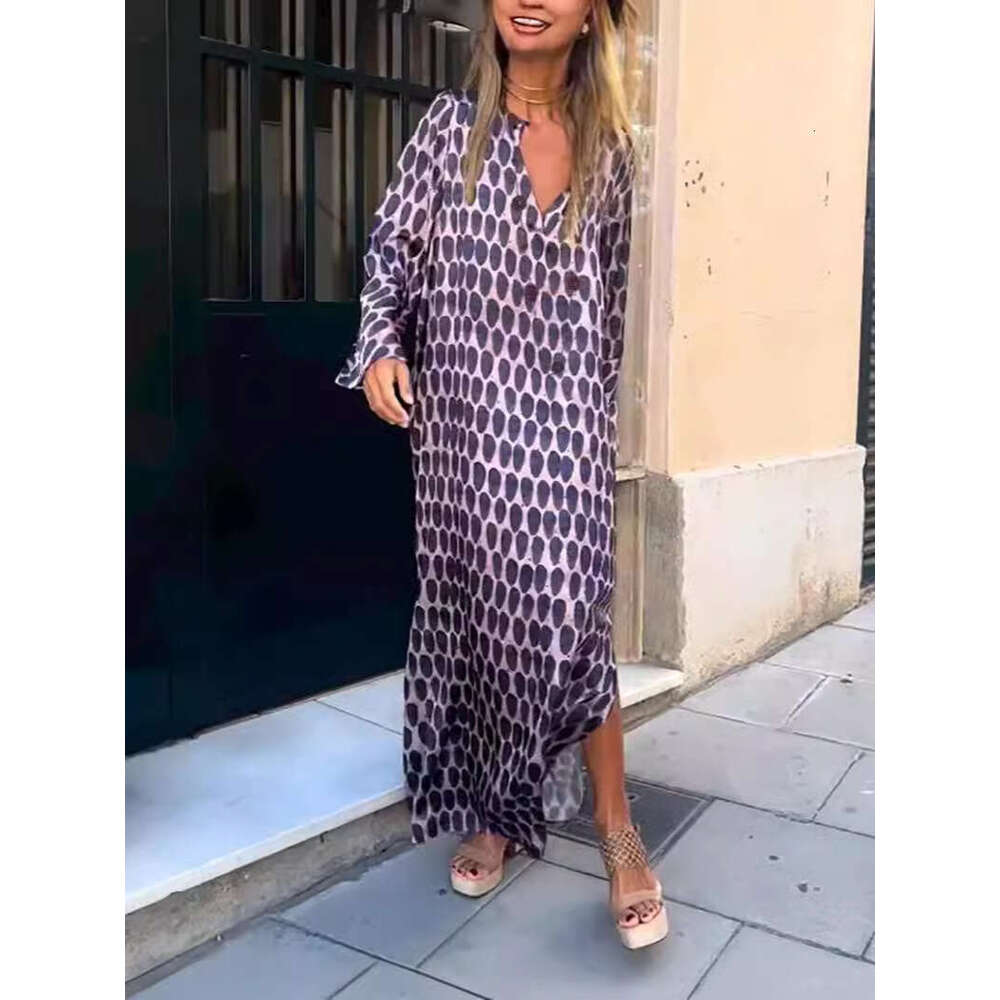 Jinghu District Goddess Style Polyester Large Hem Split Pullover Sleeve Slit V-Neck Shirt Long Dress B5