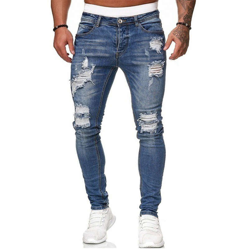 New Casual Slim Fit Small Foot Men's Fashion Ripped Jeans B5
