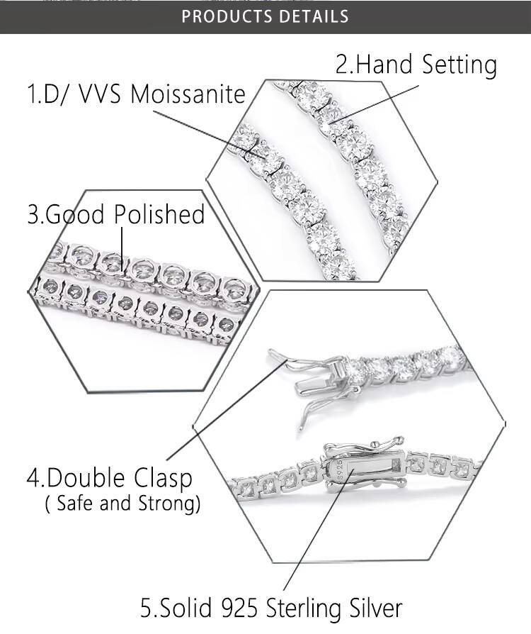 Factory Wholesale 925 Silver VVS Moissanite Tennis Chain 2mm 3mm 4mm 5mm 6.5mm Bracelet Necklace Hip Hop Style for Pendant