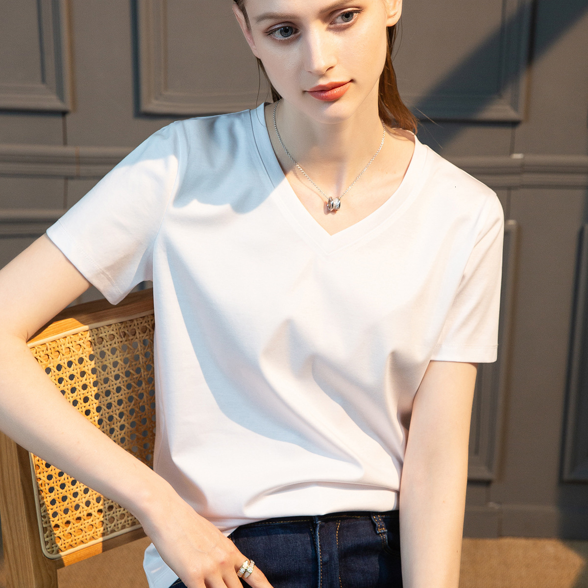 High-Count Mercerized Modal Short Sleeve White Summer Women's Loose Round Neck Cotton T-Shirt