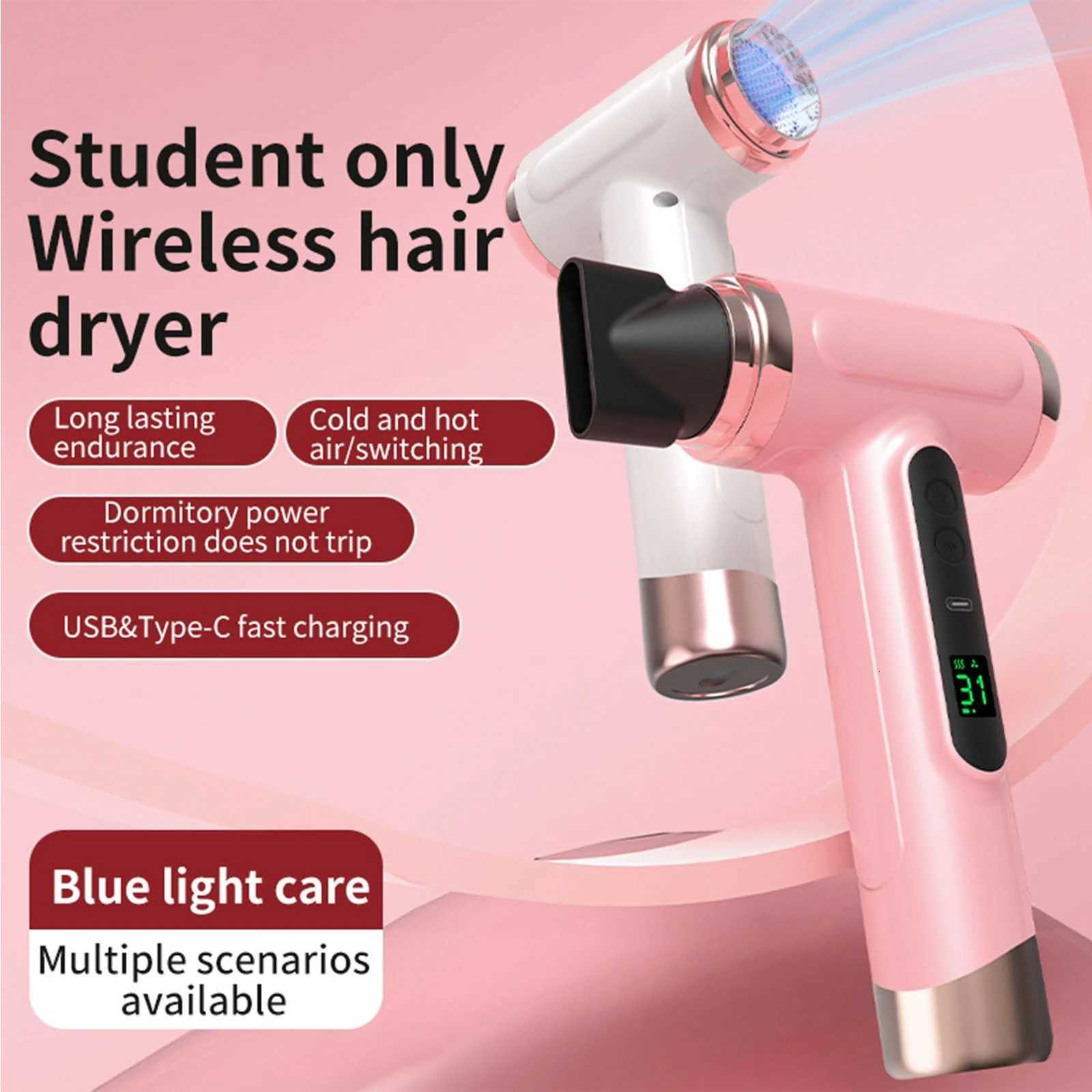 Portable Hair Dryer USB Charging Ergonomic Grip Hot and Cold Air Hair Dryer 200W Fast Drying with Nozzle for Travel W250718